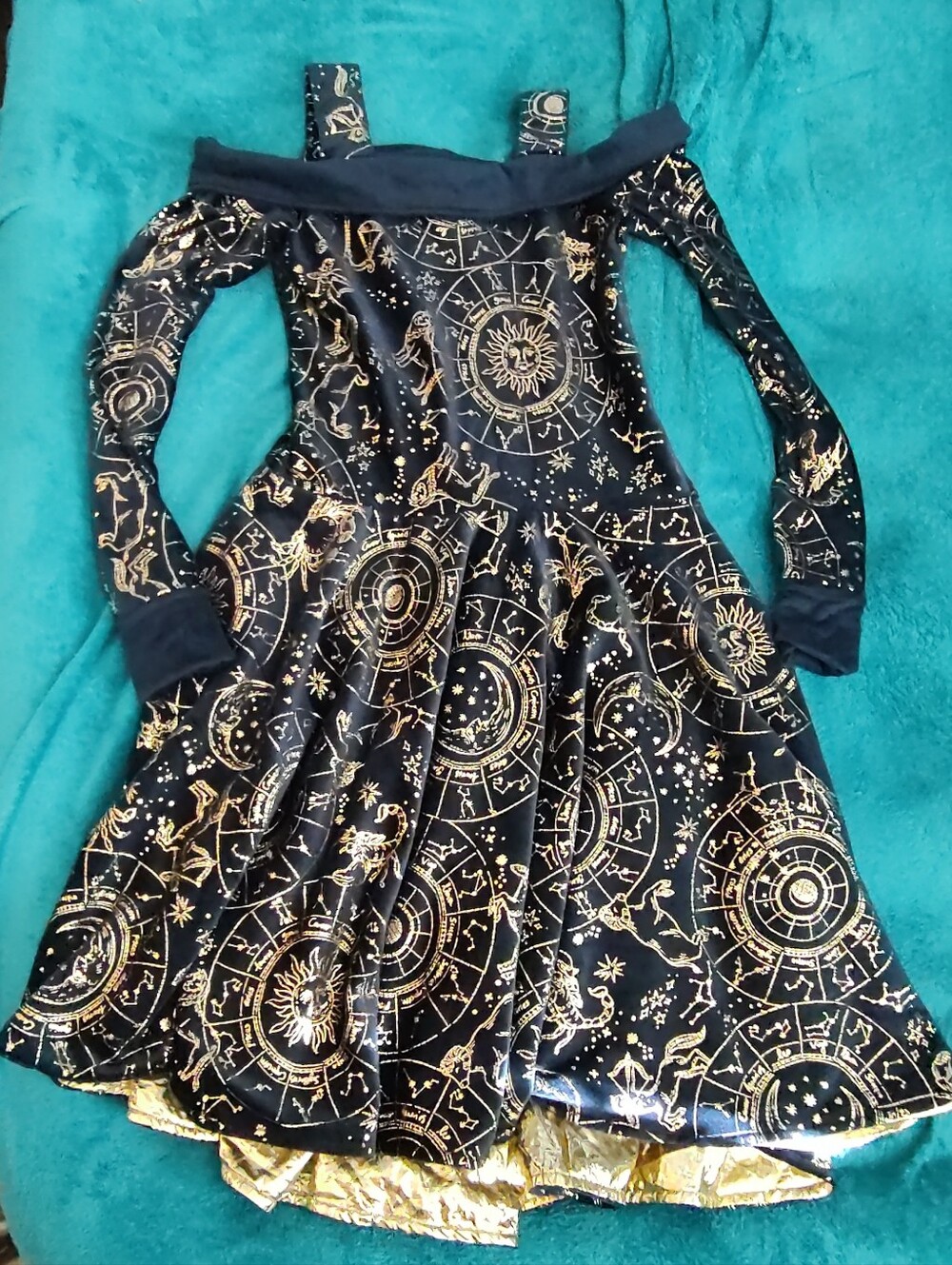 Celestial Zodiac Foil Velour Cold Shoulder Dress Gold Astrology Adult XS